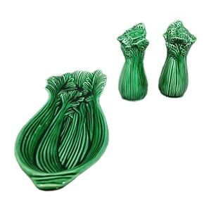 Vintage Salt and Pepper Shakers Tray Set Green Bok Choy Celery 1970s Ceramic